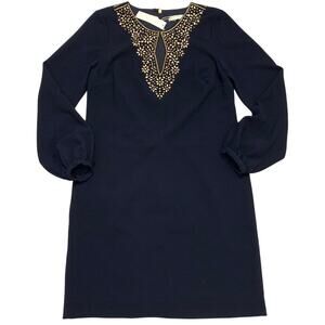 Trina Turk Shiraz Womens Dress Navy Blue Sz 6 Embellished Shift Long Sleeve NWT